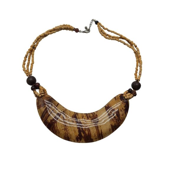 Handcrafted Wooden Beaded Choker Necklace With Crescent Pendant - Picture 1 of 5